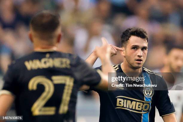 Leon Flach of Philadelphia Union signals to teammate Kai Wagner during the first half against D.C. United at Subaru Park on July 08, 2022 in Chester,...