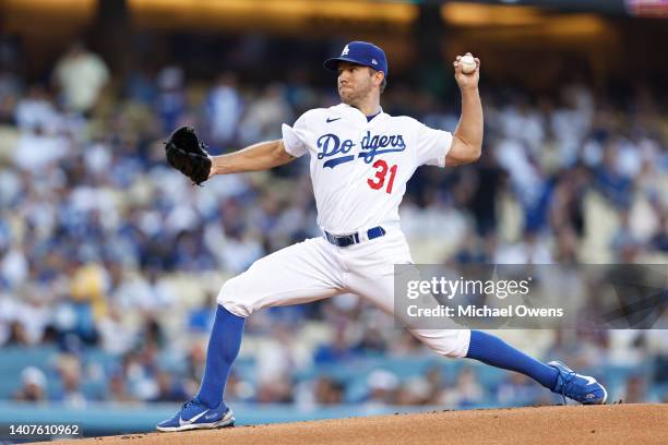 Tyler Anderson of the Los Angeles Dodgers pitches against the Chicago Cubs during the first inning at Dodger Stadium on July 08, 2022 in Los Angeles,...