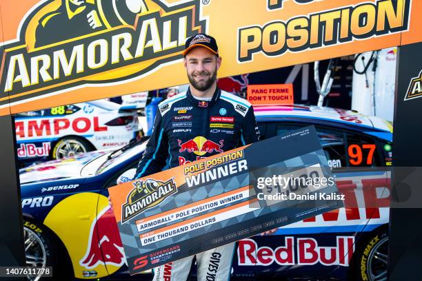 Shane van Gisbergen driver of the Red Bull Ampol Holden Commodore ZB celebrates after taking pole position for race 1 of the Townsville 500 round of...