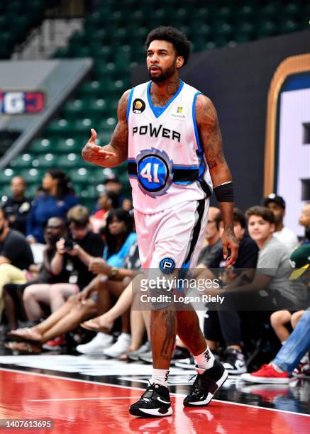 Glen Rice Jr. #41 of the Power celebrates a basket during the game against 3's Company in BIG3 Week Four at Comerica Center on July 08, 2022 in...