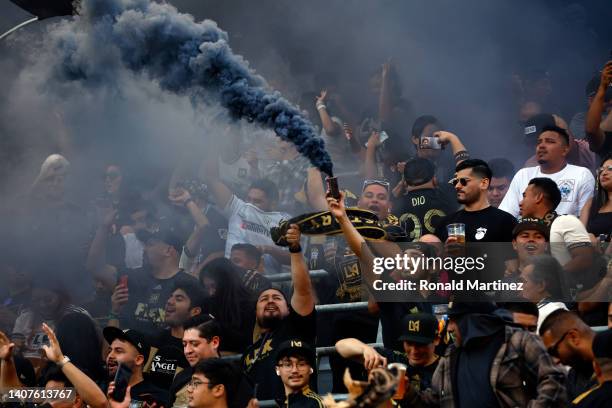 Los Angeles FC fans cheer before a game against the Los Angeles Galaxy at Banc of California Stadium on July 08, 2022 in Los Angeles, California.