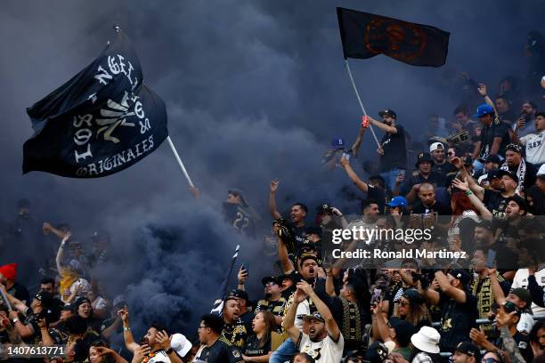 Los Angeles FC fans cheer before a game against the Los Angeles Galaxy at Banc of California Stadium on July 08, 2022 in Los Angeles, California.