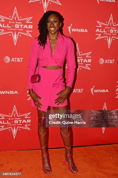 Nneka Ogwumike of the Los Angeles Sparks walks the orange carpet prior to the Welcome Reception at RPM Seafood restaurant during the 2022 WNBA...