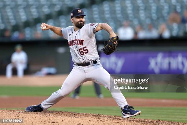 Jose Urquidy of the Houston Astros pitches against the Oakland Athletics in the fourth inning at RingCentral Coliseum on July 08, 2022 in Oakland,...