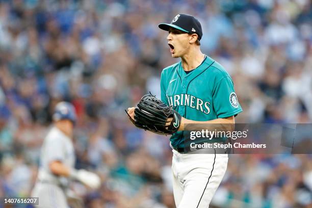 George Kirby of the Seattle Mariners reacts during the fourth inning against the Toronto Blue Jays at T-Mobile Park on July 08, 2022 in Seattle,...