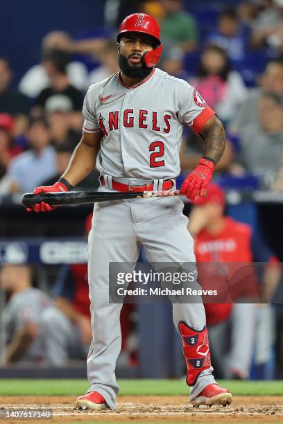 Luis Rengifo of the Los Angeles Angels reacts against the Miami Marlins at loanDepot park on July 06, 2022 in Miami, Florida.