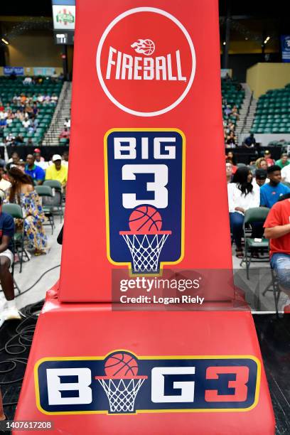 General view of the BIG3 logo on the stanchion during the game between Bivouac and the Triplets in BIG3 Week Four at Comerica Center on July 08, 2022...