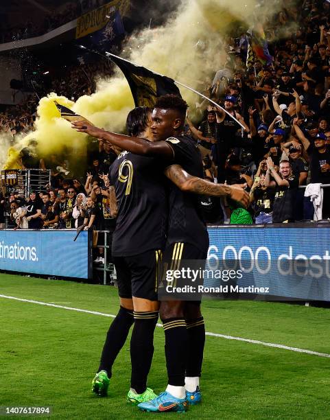 José Cifuentes and Cristian Arango of Los Angeles FC celebrate a goal against the Los Angeles Galaxy in the second half at Banc of California Stadium...