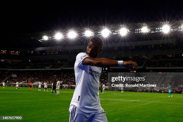 Samuel Grandsir of Los Angeles Galaxy walks off the field against the Los Angeles FC in the second half at Banc of California Stadium on July 08,...