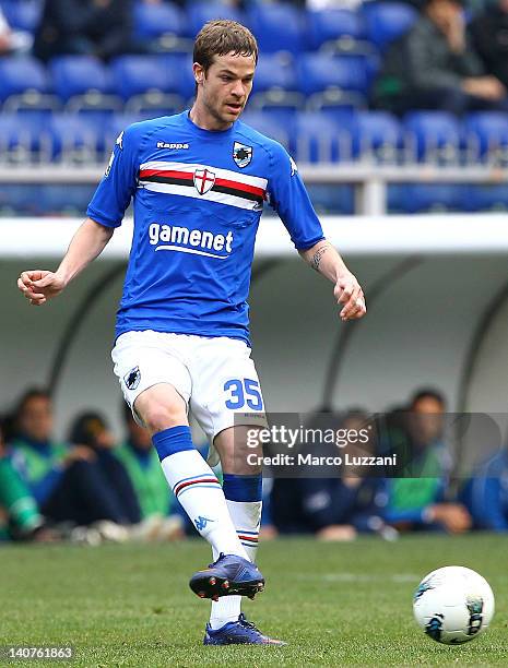 Jonathan Rossini of UC Sampdoria in action during the Serie B between UC Sampdoria and Hellas Verona at Luigi Ferraris Stadium on March 3, 2012 in...