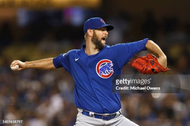 Chris Martin of the Chicago Cubs pitches against the Los Angeles Dodgers during the sixth inning at Dodger Stadium on July 08, 2022 in Los Angeles,...