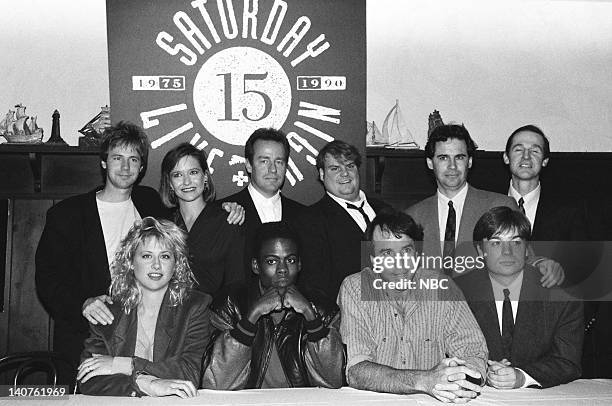 Cast Press Conference -- Pictured: Dana Carvey, Julia Sweeney, Phil Hartman, Chris Farley, Dennis Miller, A. Whitney Brown Victoria Jackson, Chris...