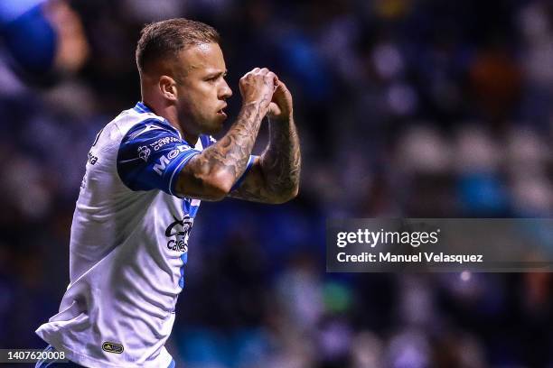 Gustavo Ferrareis of Puebla celebrates the first scored goal of Puebla during the 2nd round match between Puebla and Santos Laguna as part of the...