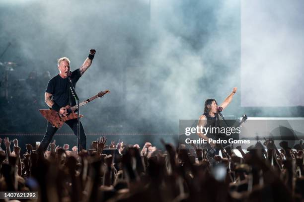 James Hetfield and Robert Trujillo from Metallica perform on the NOS stage during day 3 of NOS Alive festival on July 08, 2022 in Lisbon, Portugal.