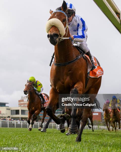 Linda Meech riding Cotel winning Race 1, the Take It To The Neds Level Handicap, during Melbourne Racing at Caulfield Racecourse on July 09, 2022 in...