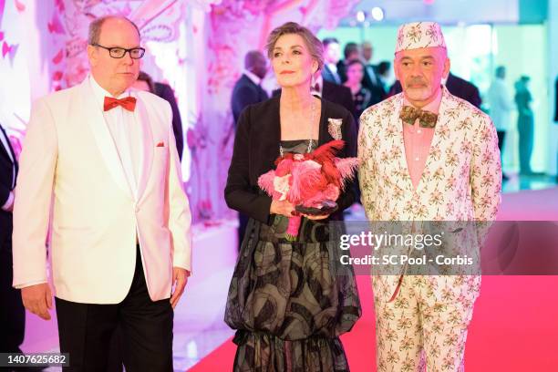 Prince Albert II of Monaco, Princess Caroline of Hanover and Christian Louboutin attend the Rose Ball 2022 on July 08, 2022 in Monte-Carlo, Monaco.