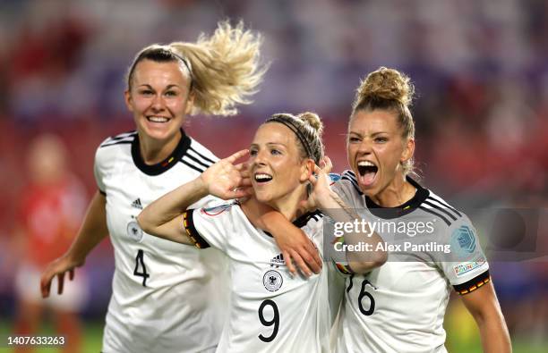 Sydney Lohmann of Germany celebrates scoring a goal which is later disallowed during the UEFA Women's Euro England 2022 group B match between Germany...