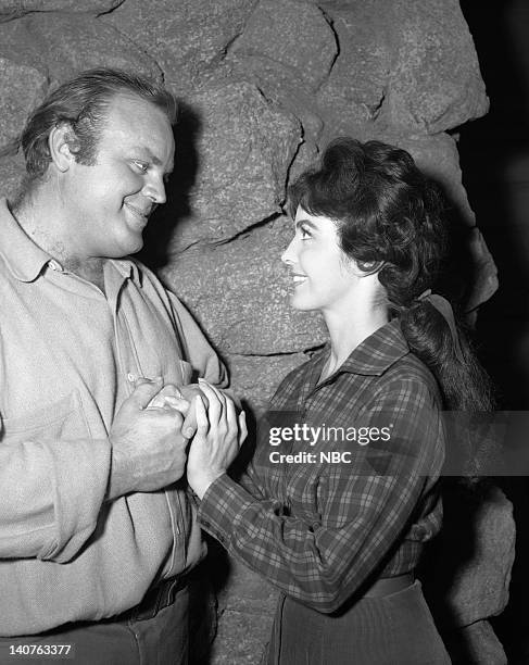 Bonanza -- "Breed of Violence" Episode 9 -- Pictured: Dan Blocker as Eric 'Hoss' Cartwright, Myrna Fahey as Dolly Kincaid -- Photo by: NBC/NBCU Photo...