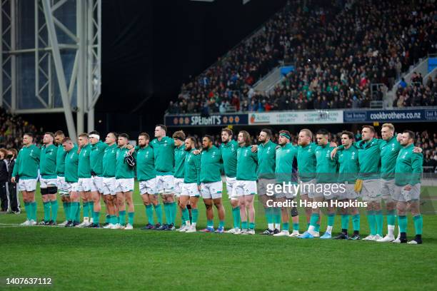 Ireland line up for the national anthem during the International Test match between the New Zealand All Blacks and Ireland at Forsyth Barr Stadium on...