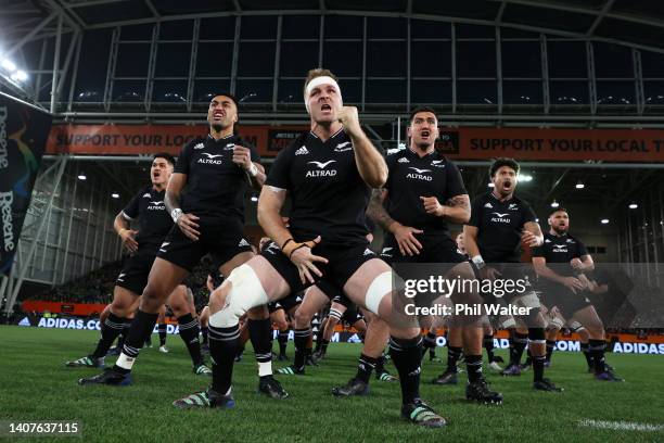 Sam Cane, captain of the All Blacks performs the haka with the team during the International Test match between the New Zealand All Blacks and...