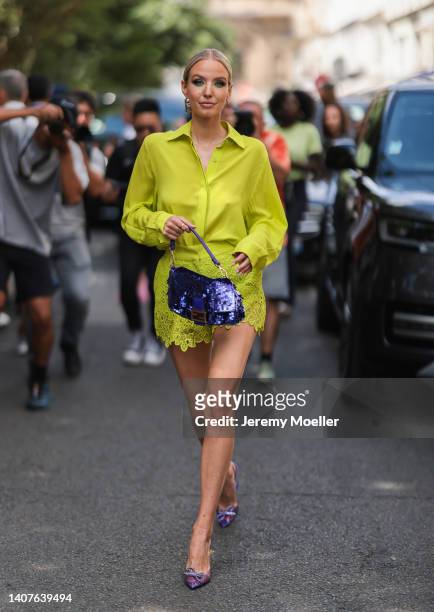 Leonie Hanne seen wearing yellow button shirt, laced shorts, purple bag, heels outside Elie Saab, during Paris Fashion Week - Haute Couture Fall...