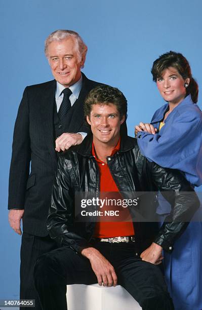 Season 4 -- Pictured: Edward Mulhare as Devon Miles, David Hasselhoff as Michael Knight, Rebecca Holden as April Curtis -- Photo by: Gary...