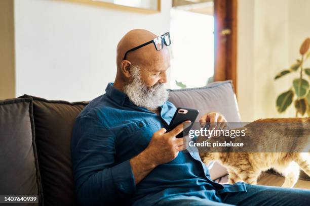 mature male relaxing with his pet and searching the internet on the sofa. retired guy reading a text message. senior man using a phone to browse online and playing with his cat on the couch at home. - hairy old man stockfoto's en -beelden