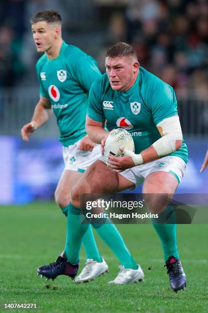 Tadhg Furlong of Ireland on attack during the International Test match between the New Zealand All Blacks and Ireland at Forsyth Barr Stadium on July...