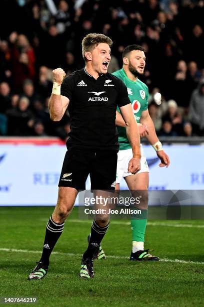 Beauden Barrett of the All Blacks celebrates after scoring a try during the International Test match between the New Zealand All Blacks and Ireland...