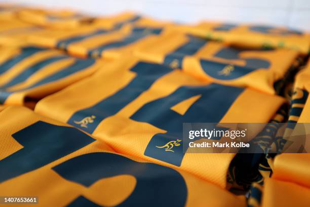 Detailed view of match shirts in the Australia changing room ahead of game two of the International Test Match series between the Australia Wallabies...