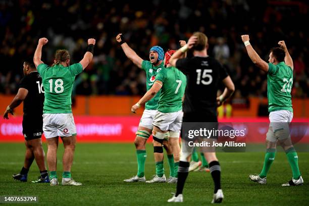 Ireland celebrate after defeating the All Blacks during the International Test match between the New Zealand All Blacks and Ireland at Forsyth Barr...