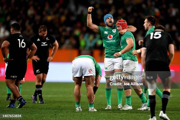 Tadhg Beirne of Ireland celebrates with Josh van der Flier of Ireland during the International Test match between the New Zealand All Blacks and...