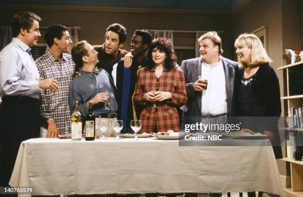 Episode 1 -- Pictured: Phil Hartman, Adam Sandler, Rob Schneider as Mr. Casual Sex, Kevin Nealon, Chris Rock, Julia Sweeney, Chris Farley, Melanie...