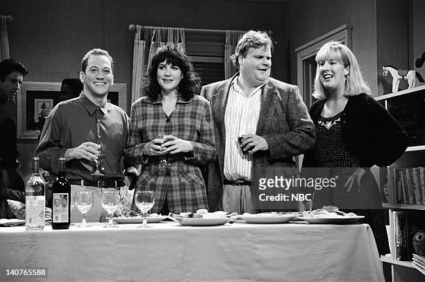 Episode 1 -- Pictured: Rob Schneider as Mr. Casual Sex, Julia Sweeney, Chris Farley, Melanie Hutsell during the 'Mr. Casual Sex' skit on September...