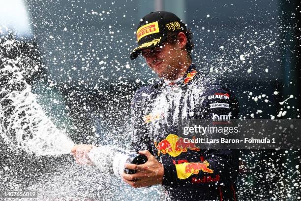 Race winner Jak Crawford of United States and Prema Racing celebrates on the podium during the Round 5:Spielberg Sprint race of the Formula 3...