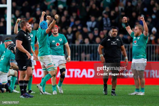 Ireland celebrate the win during the International Test match between the New Zealand All Blacks and Ireland at Forsyth Barr Stadium on July 09, 2022...