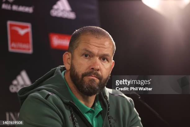 Ireland coach Andy Farrell speaks to media following the International Test match between the New Zealand All Blacks and Ireland at Forsyth Barr...