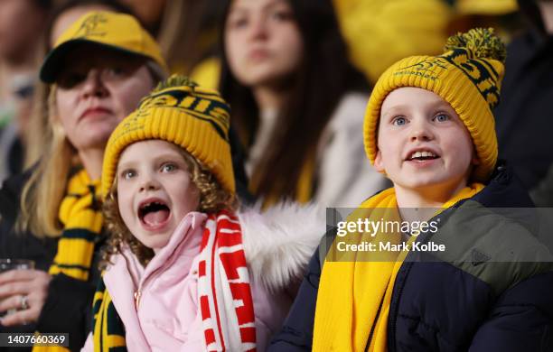 Fans watch on ahead of game two of the International Test Match series between the Australia Wallabies and England at Suncorp Stadium on July 09,...