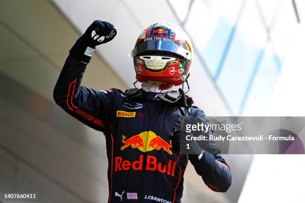 Race winner Jak Crawford of United States and Prema Racing celebrates in parc ferme during the Round 5:Spielberg Sprint race of the Formula 3...