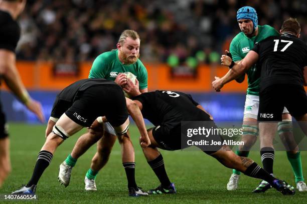 Finlay Bealham of Ireland charges forward during the International Test match between the New Zealand All Blacks and Ireland at Forsyth Barr Stadium...