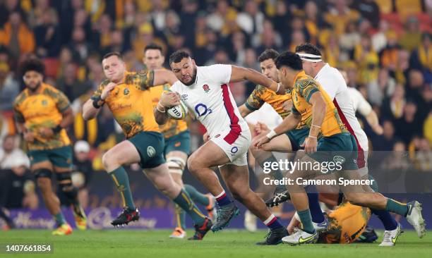 Ellis Genge of England breaks through contact during game two of the International Test Match series between the Australia Wallabies and England at...