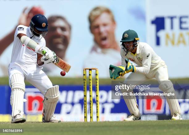 Dimuth Karunaratne of Sri Lanka bats during day two of the Second Test in the series between Sri Lanka and Australia at Galle International Stadium...