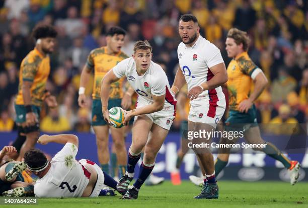 Jack van Poortvliet of England looks to pass during game two of the International Test Match series between the Australia Wallabies and England at...