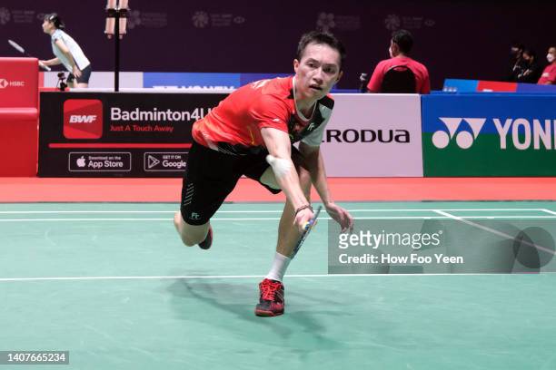 Ng Ka Long of Hong Kong in action against Prannoy H. S. Of India in their men's semi finals on day five of the Perodua Malaysia Masters at Axiata...