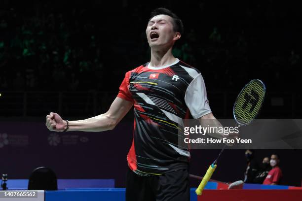 Ng Ka Long of Hong Kong celebrates after defeating Prannoy H. S. Of India in their men's semi finals on day five of the Perodua Malaysia Masters at...