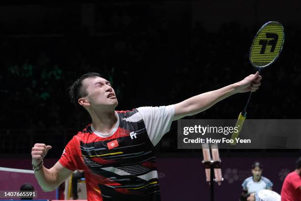 Ng Ka Long of Hong Kong celebrates after defeating Prannoy H. S. Of India in their men's semi finals on day five of the Perodua Malaysia Masters at...