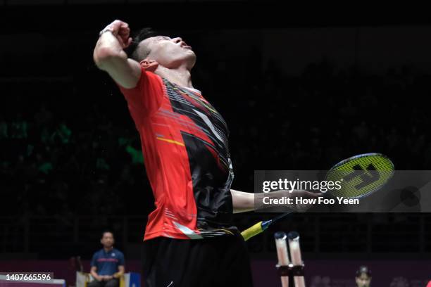 Ng Ka Long of Hong Kong celebrates after defeating Prannoy H. S. Of India in their men's semi finals on day five of the Perodua Malaysia Masters at...