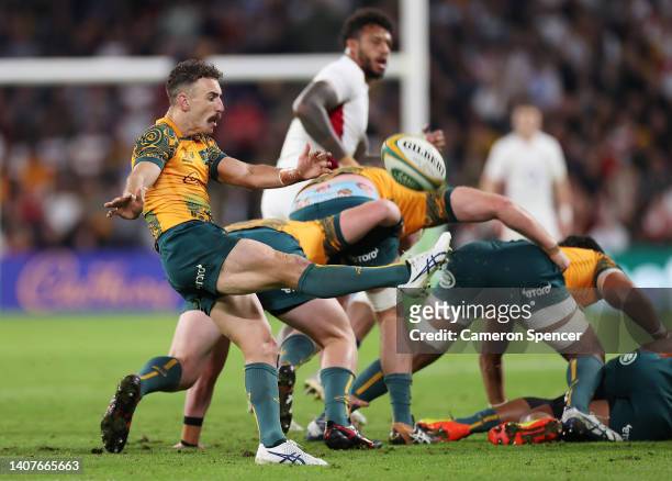 Nic White of Australia performs a box kick during game two of the International Test Match series between the Australia Wallabies and England at...