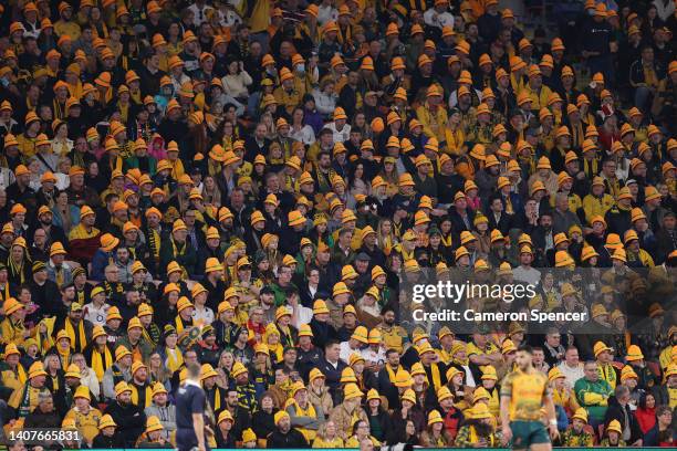 Fans watch on during game two of the International Test Match series between the Australia Wallabies and England at Suncorp Stadium on July 09, 2022...