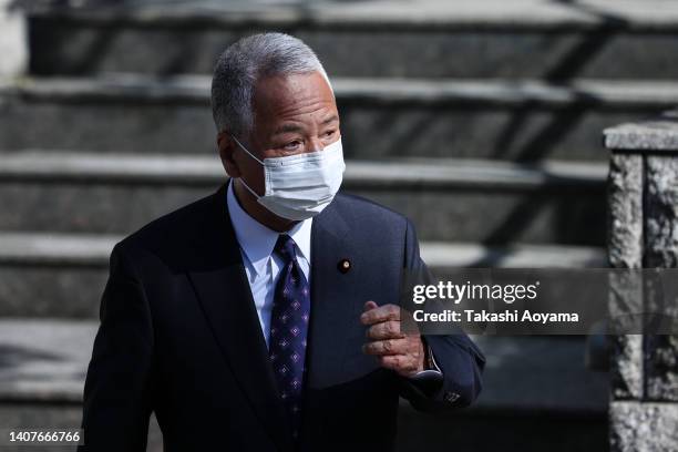 Akira Amari leaves the former Japanese Prime Minister Shinzo Abe's residence on July 09, 2022 in Tokyo, Japan. Abe, Japan's longest-serving Prime...